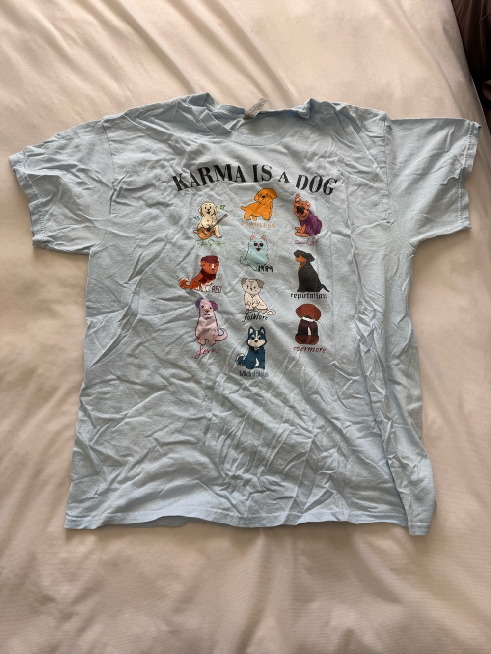 Taylor Swift Light Blue 'Karma Is A Dog' Short Sleeve Tee